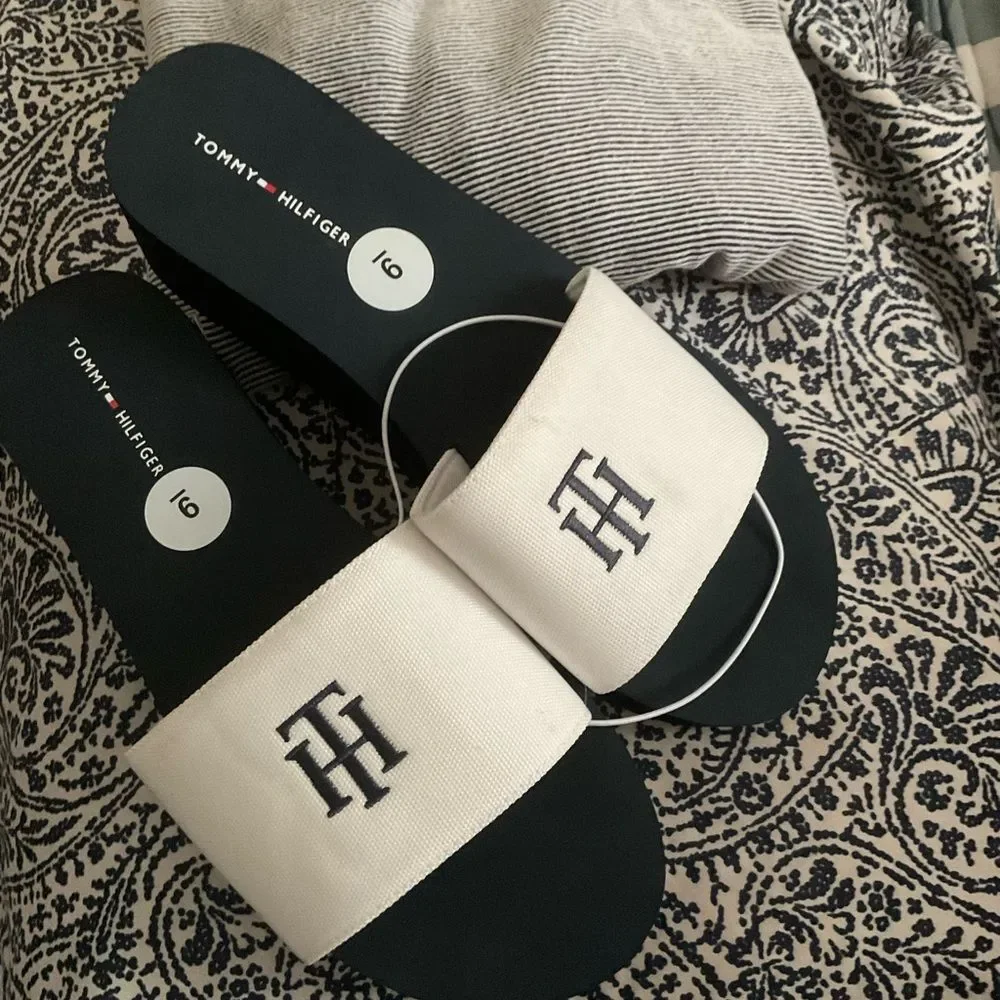 Tommy Hilfiger Black and White Platform Slides